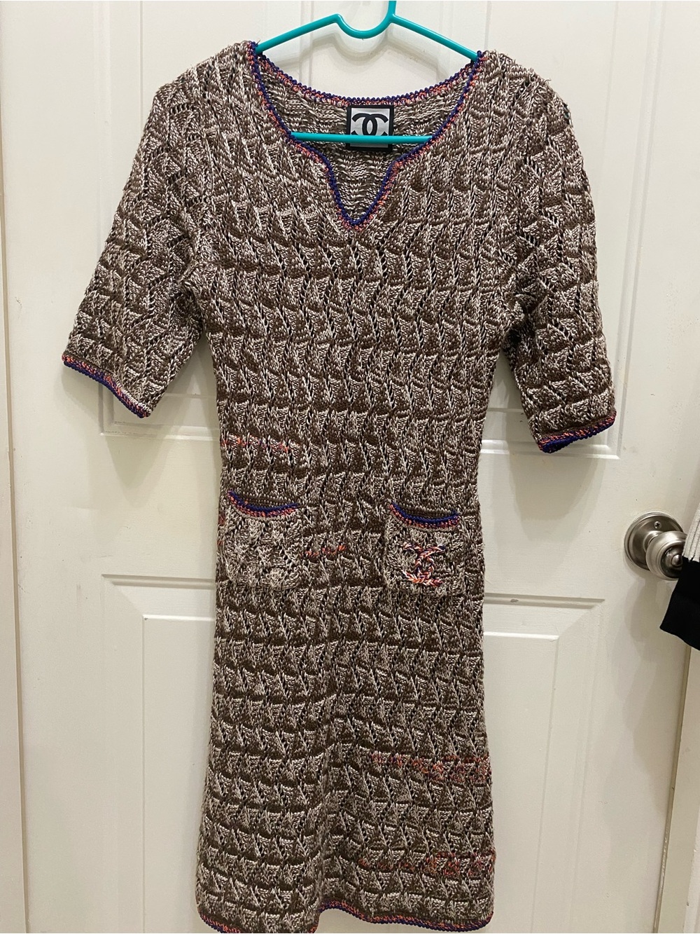 CHANEL Brown Tweed Knit Dress with Multicolor Trim